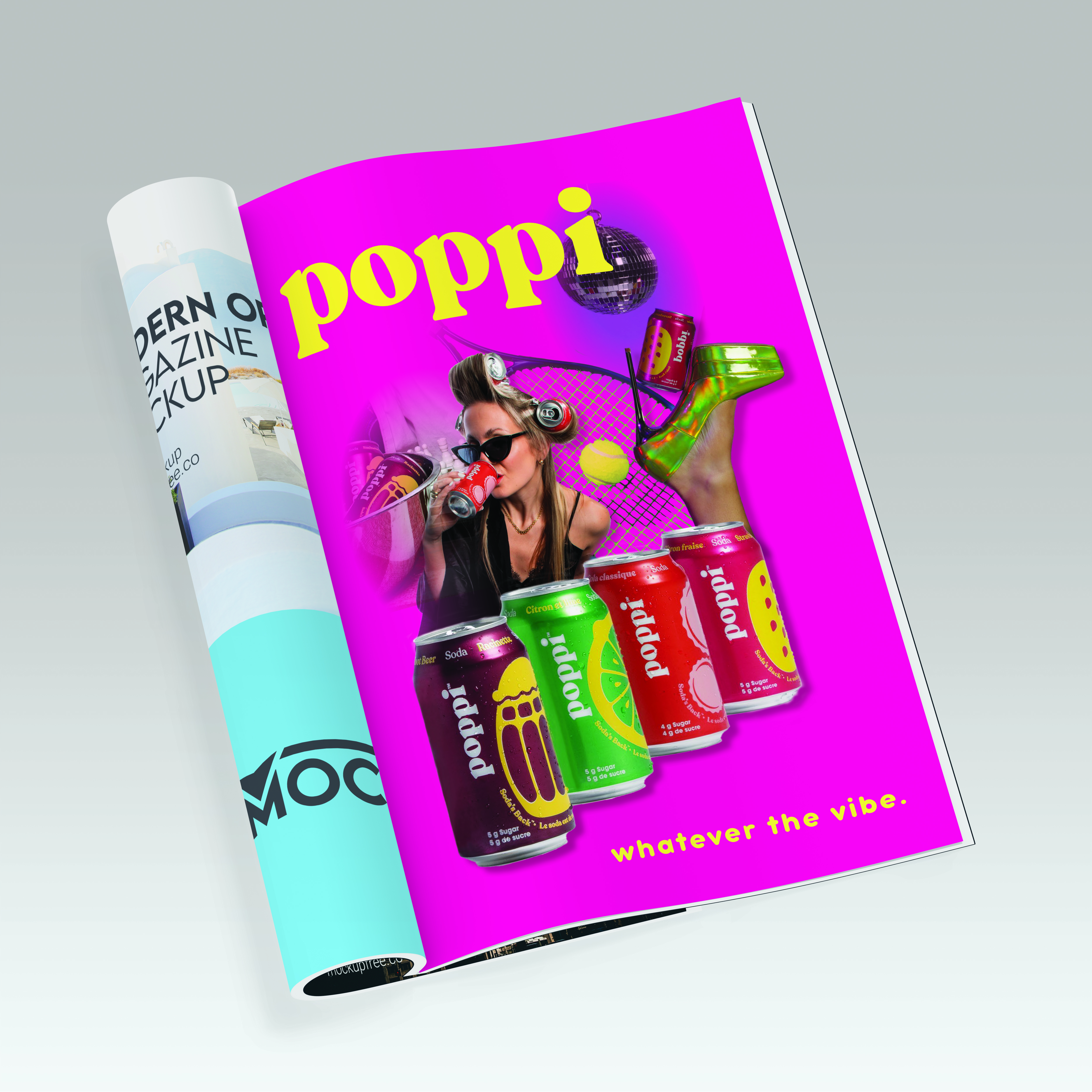 A mock-up of a Poppi page in a magazine, there are four cans each representing it's own vibe.